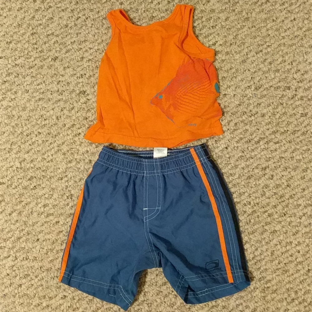 Orange & blue boy fish tank top & swim trunks set